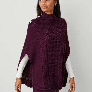 Ann Taylor Women's Button Mock Neck Cable Poncho Plum Rose Size M/L - NWT
